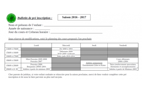 Pré-inscription saison 2016-2017
